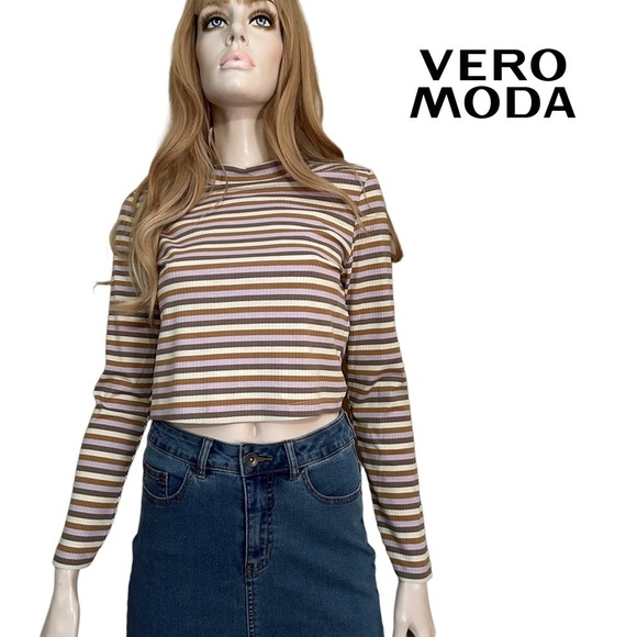 Vero Moda Sweater Top Lavender Stripe Rayon Blend Long Sleeve Mock Neck - Picture 8 of 10